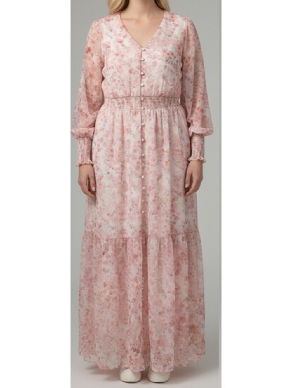 SHEIN Women's Pink Floral Maxi Dress with Gold Accents, V-Neck, Long Sleeves